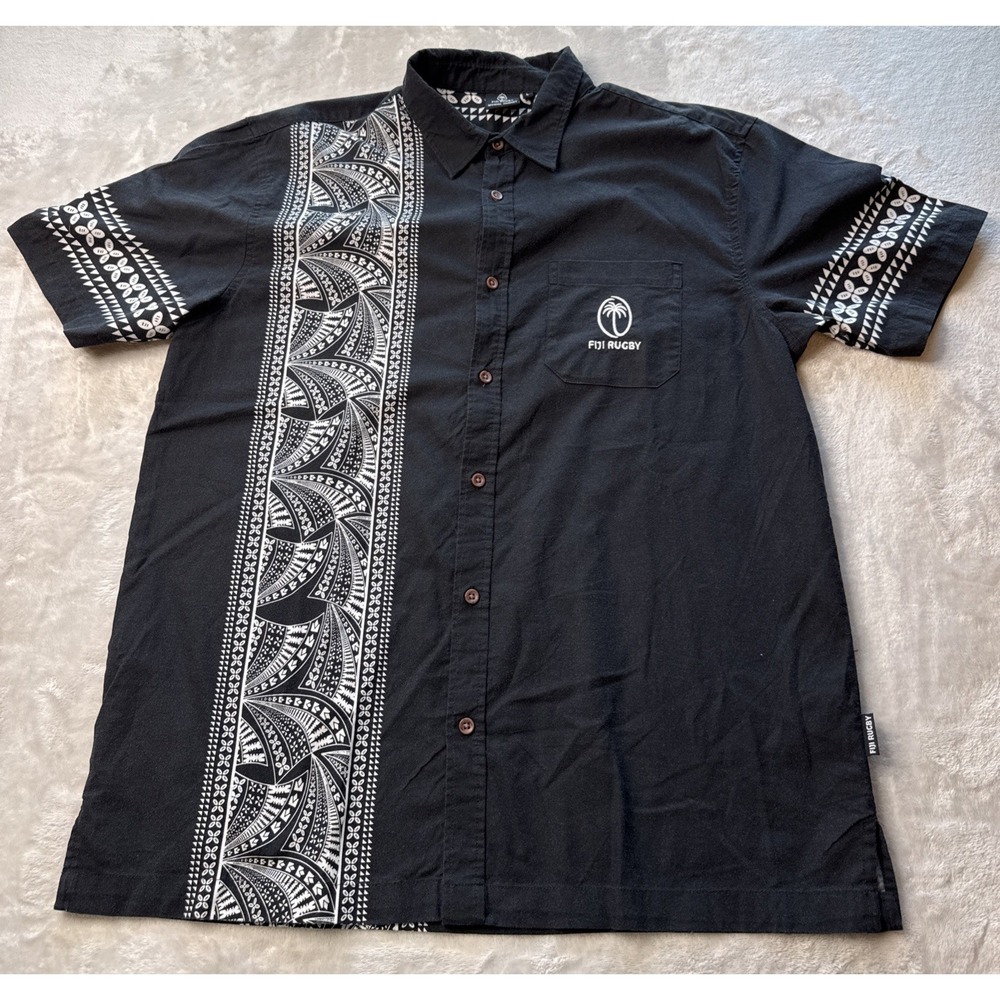 Fiji Rugby Official Product Button-Up Shirt Men's L Black White Tribal Print